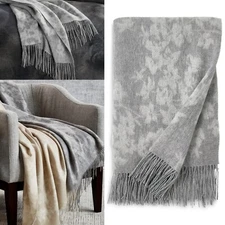 MICHAEL ARAM Orchid Fringe THROW Grey 100% Wool Floral 50 x 70 NEW $250