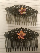  2 Retro Coral Crystal Flower Victorian Filigree Vintage Bronze Hair Combs