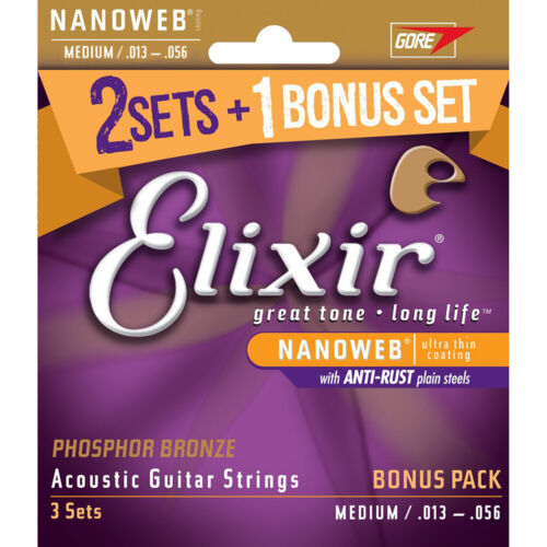 Elixir LTD 3-Pack Phosphor Bronze NANOWEB Acoustic Guitar Strings Medium 13-56 - Foto 1 di 3