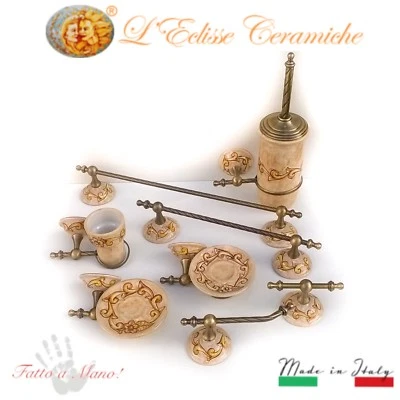 CERAMICHE L'ECLISSE Set Arredo bagno 8 pezzi in ceramica Vietri ed ottone bronzato Made in Italy