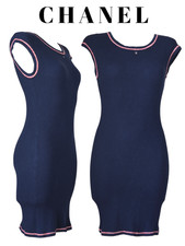Chanel Navy Knit Dress Size 38 Cotton Cashmere Bodycon Sleeveless Designer Y2K