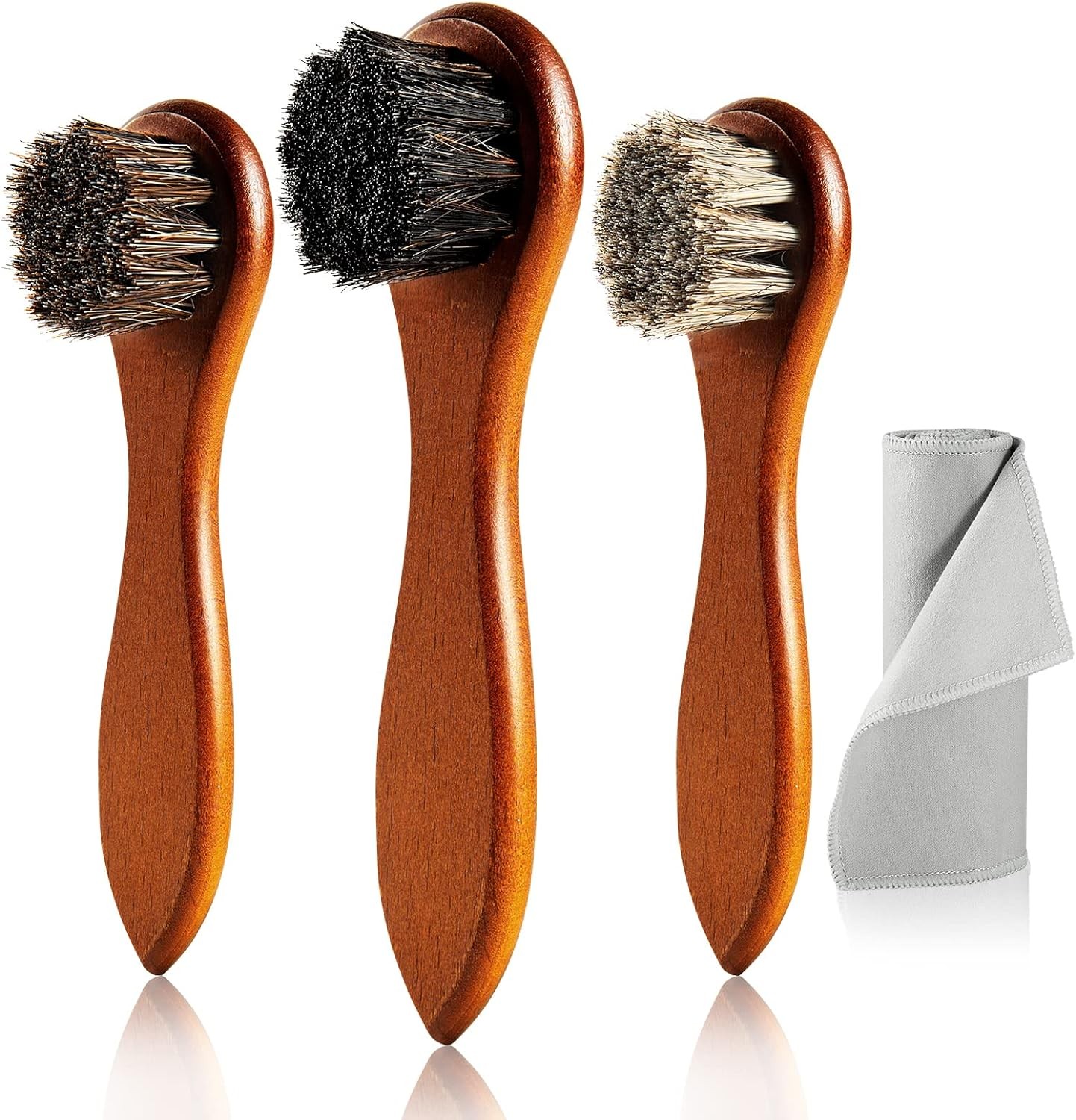 4-Piece Horse Hair Shoe Brush Shine Kit, Polish Black Graywhite Brown 