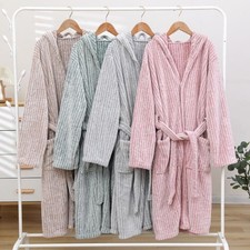 Unisex Stripe Bathrobe Hooded Kimono Cozy Night Sleepwear Home Gown