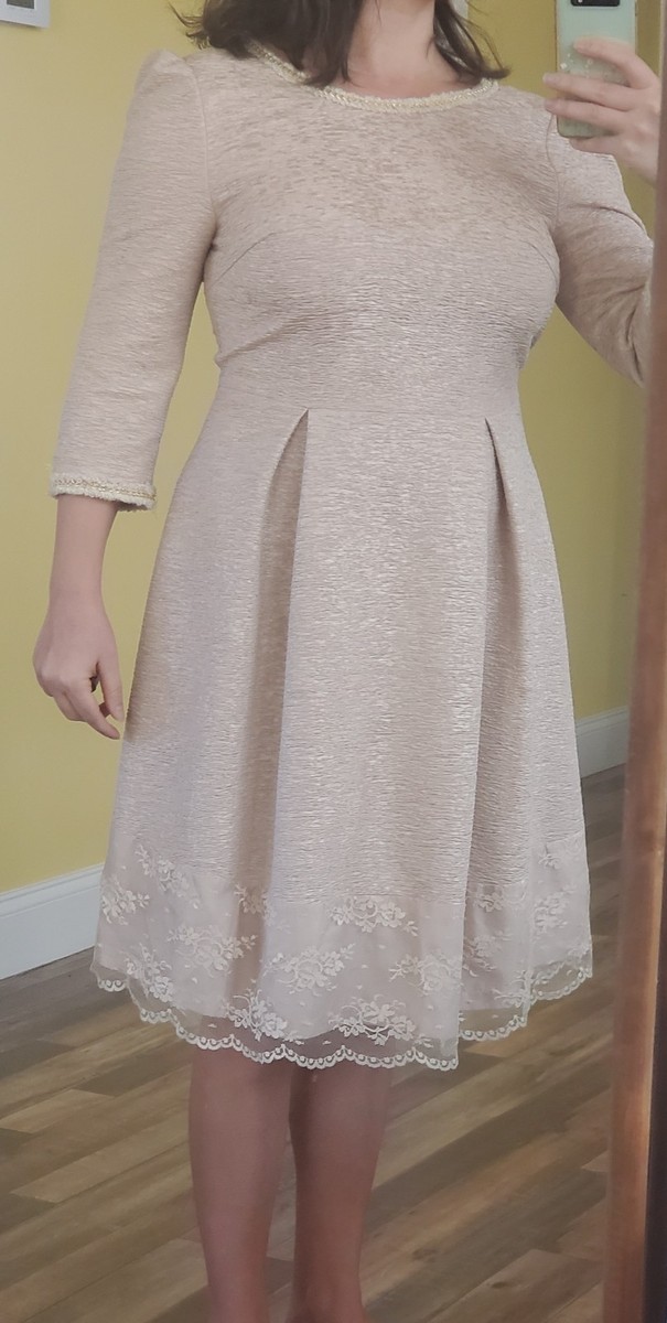 TS Three Seasons Pale Blush Pink Dress w/ Pretty Details @ Neck, Sleeves, & Hem View 3