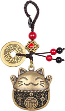 Brass Maneki Neko Lucky Cat Keychain with Feng Shui Coins, Maneki Neko Statue Go