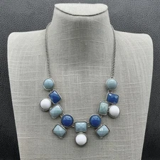 Charming Charlie Statement Bib Necklace Womens Silver Tone Blue Aqua White Resin
