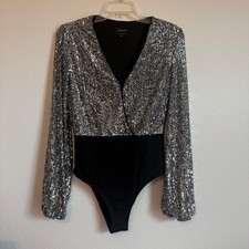 Image of Bardot Sequin Wrap Bodysuit Size S US 4 Silver Black Longsleeves Party Sequined