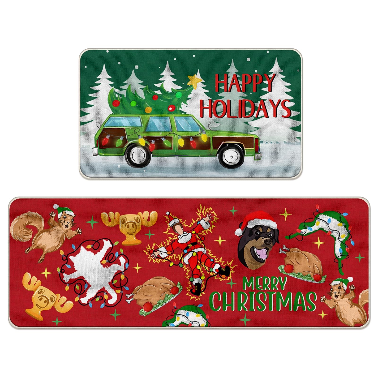 Festive Christmas Movie Kitchen Rugs Set of 2 Holiday Themed Non-Slip Mats