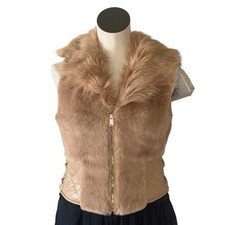 NWT 148 Guess Women Khaki Tan Multi Emma Faux-Fur Vest XS Brown