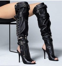 Botas hasta la rodilla para mujer 12 cm tacón punta abierta hebilla correa gladiador sandalias botas