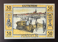 Pieniądze awaryjne - 1920 - Kapsułki - 50 pf. - Rybak na łodzi z widokiem na miejscowość