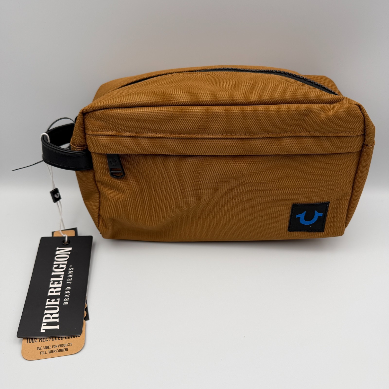 True Religion Men’s Aldis Toiletry Bag w/2 Travel Bottles Tan Canvas Logo NWT