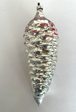 Vintage Large 7.5" Pinecone Christmas Ornament Silver Glitter Red Blue Mercury