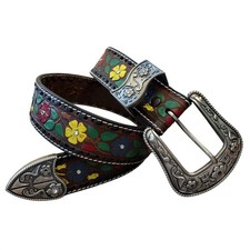 Vintage Brown Leather Painted Floral Tooled Silver-Tone Western Belt Women's 28"