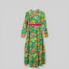 VTG Floral Hippie Maxi Dress Kiyomi Liberty House 60 s Hawaiian Corduroy XS/S
