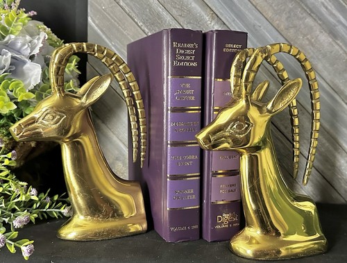 Brass Ibex Gazelle Bookends Vintage Solid Brass Elk Book Ends Deer Book Holders - Picture 2 of 8