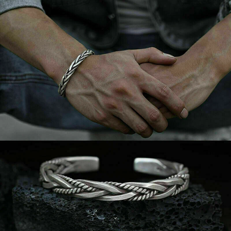 Mens Vintage Open Bangle 925 Sterling Silver Thai Handmade Twisted Cuff  Bracelet