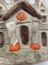 Artmark Haunted House With Ghosts Pumpkins Owl Ceramic Halloween Vtg Taiwan 