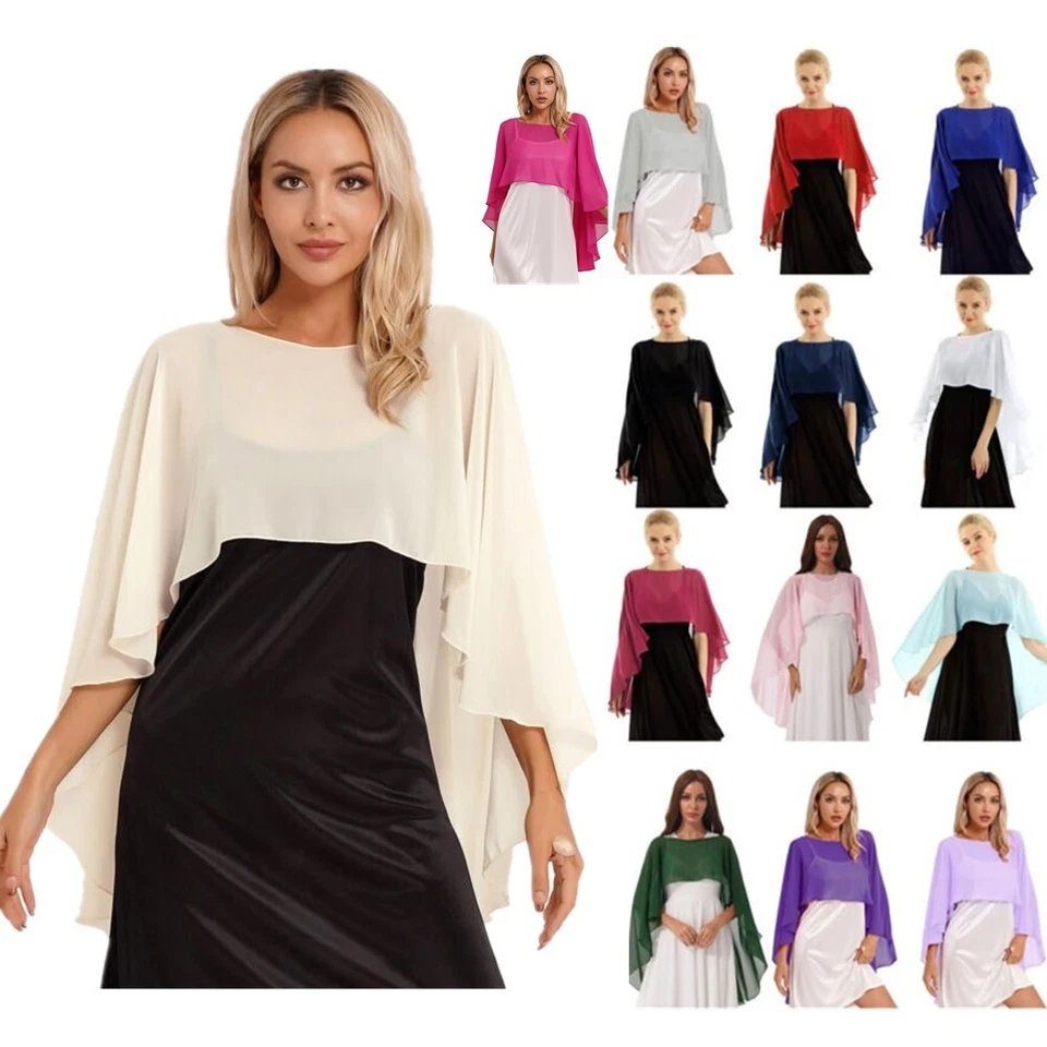 AU Women's Sheer Chiffon Wraps Shawl Solid Color Cape Evening Dress Cover Ups - image 2 of 4