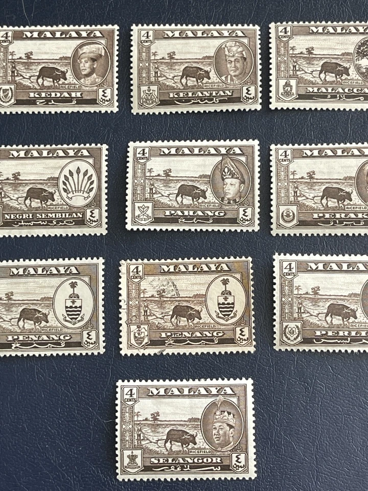 Estados malayos 1957 varias estampillas usadas 4c MVLH 9 y 1, en muy buen estado, ver fotos Foto 3 de 4