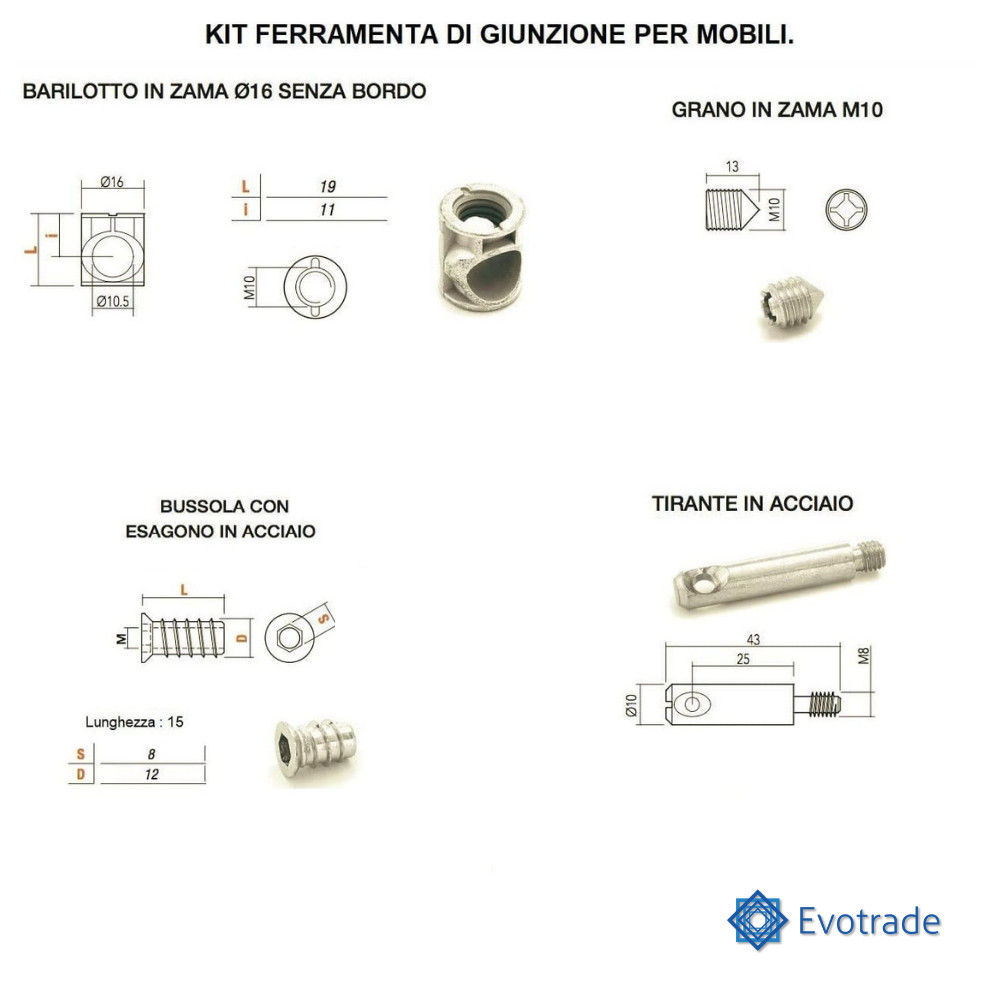 Ferramenta Giunzione Completa Mobili Barilotto 16mm + Grano + Tirante + Bussola