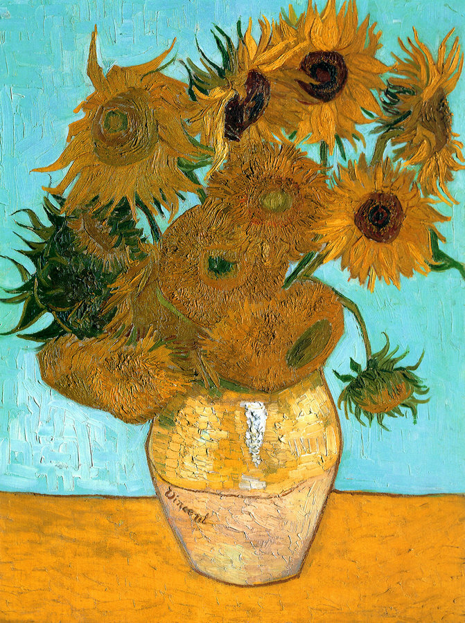 vase with 15 sunflowers