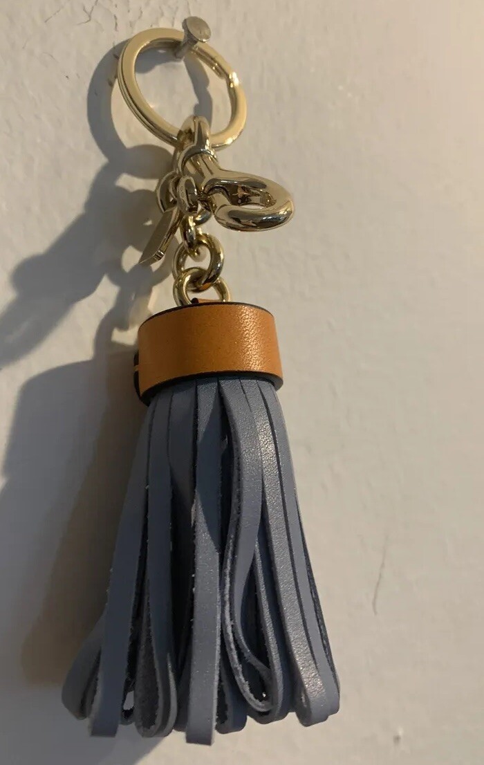 Coach New York Tassel Bag Charm Key Chain Blue Tan Gold