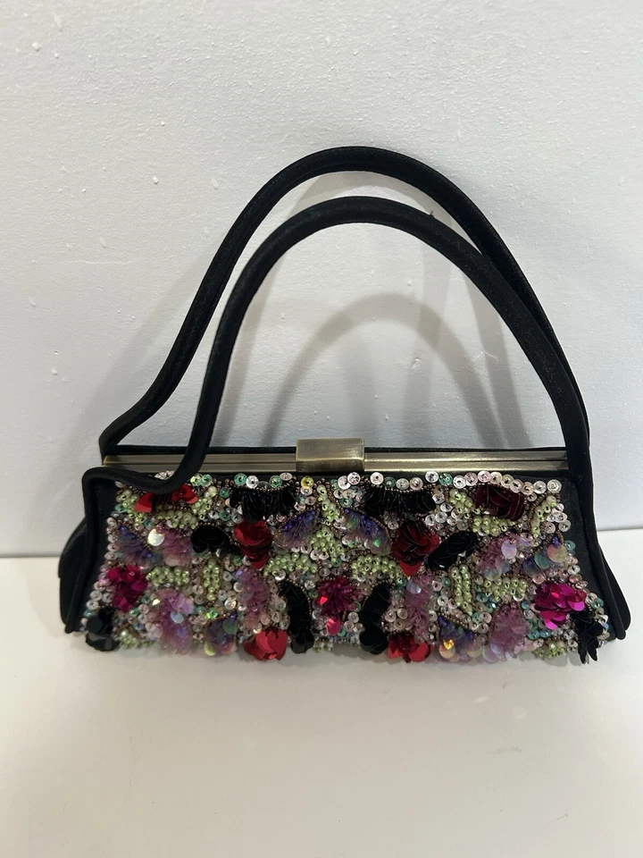 sasha clutch purse handmade multiple color beaded in black satin - Image 2 of 4