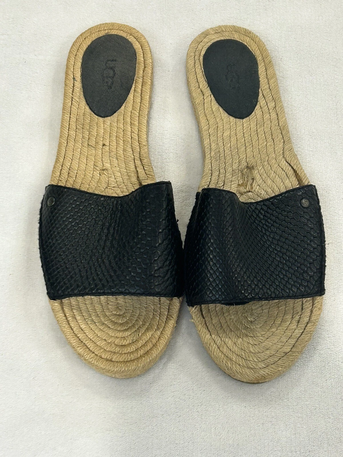 UGG Sandalo 10 Nero Espadrillas SNAKE Rettile Pelle Goffrata Slide Juta