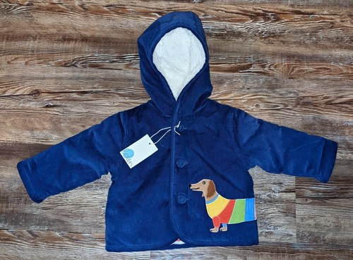 NWT Baby Boden Starboard Blue Sausage Dog corduroy hooded jacket 3 6 mo - 第 1/4 張圖片