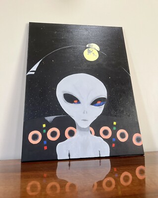 Original Painting On 24 X 18 Canvas Grey Alien In Flying Saucer