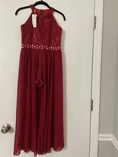 Girls Iefiel Chiffon Jumpsuit Dress Halter Neck Sleeveless Rhinestones Party