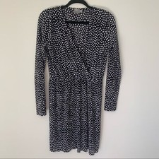 ASOS Dress Women's 8 Black White Spotted Wrap Front Mini Pleated Long Sleeve