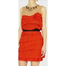 Lanvin for H&M RARE Tiered Silk Illusion Neckline Gem Stud Orange Mini Dress  4