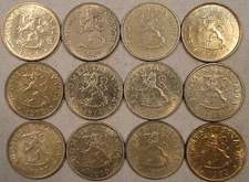 Finland 12 Different Fifty Pennia 1964-83N Better Grade-BU as Pictured