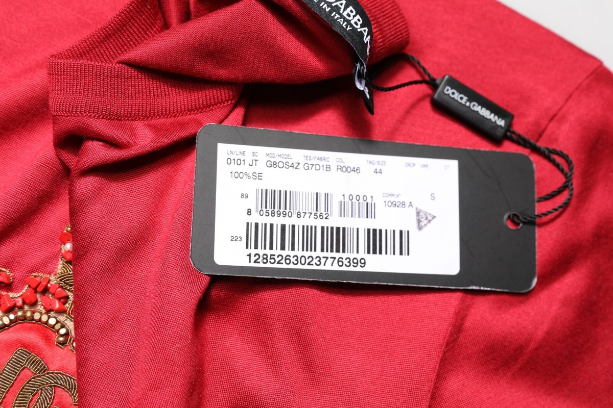 DOLCE & GABBANA T-shirt Red Silk DG Crown Logo Short Sleeve IT44