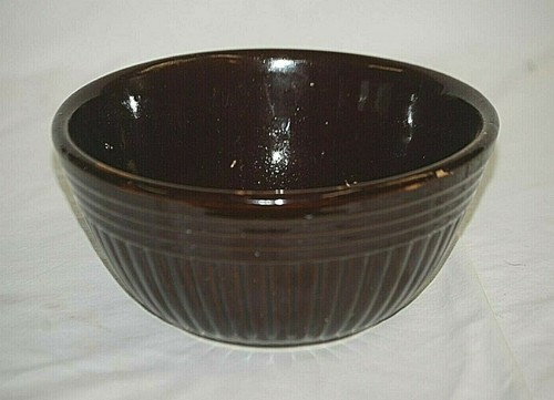 Brown Stoneware Crock Pottery Mixing Bowl Ribbed Sides USA