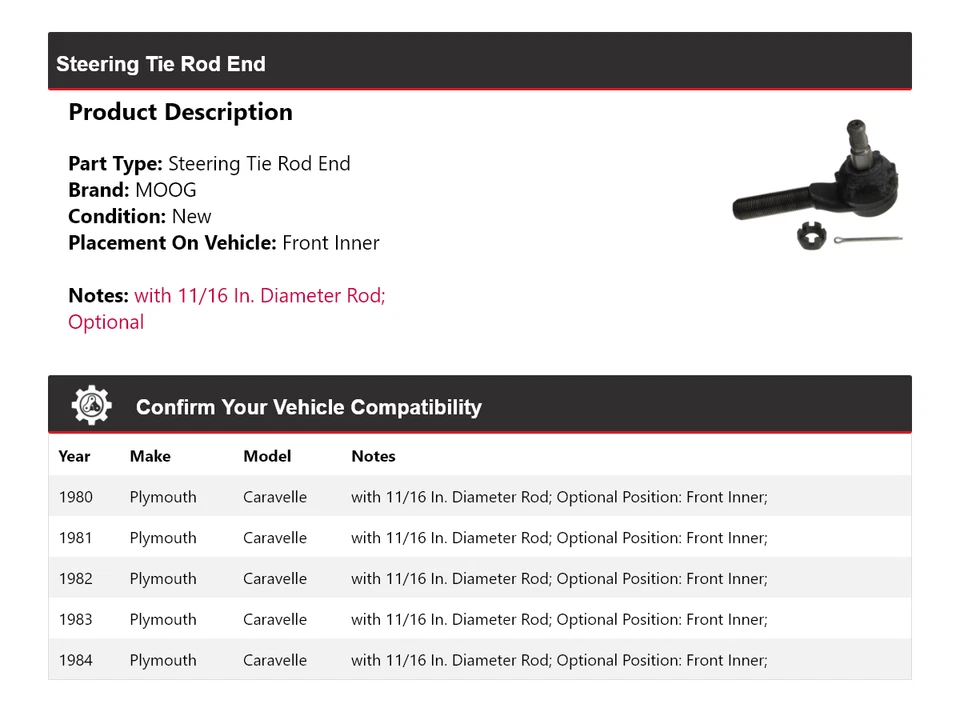 Para 1980-1984 Plymouth Caravelle Barra de dirección Extremo interior delantero MOOG 1980 1981 Foto 2 de 4