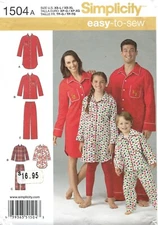 Simplicity 1504 Child Teen & Adult Loungewear, Pajamas Sz XS-L, XS-XL UNCUT