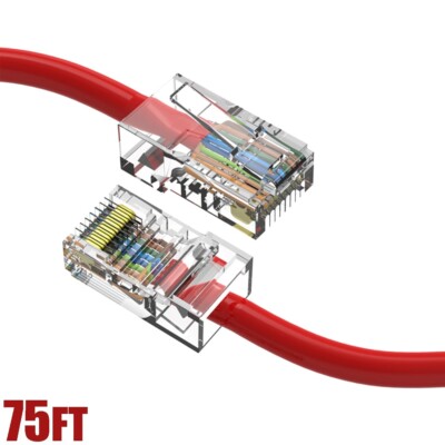 75FT Cat5E RJ45 Ethernet LAN Network UTP Cable Non Booted Copper Gold 24AWG Red