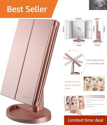Elegant Tri-Fold Lighted Vanity Mirror with 21 LEDs & Touch Control - Rose Gold