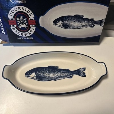 Cuisine Company Dockside Bakeware 9.25  Oval Baker Nautical White And Navy Blue