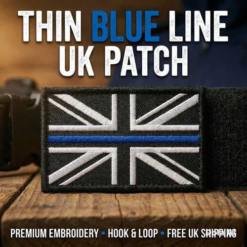 Thin Blue Line Union Jack Patch Hook & Loop Police UK Badge Embroidered Tactical