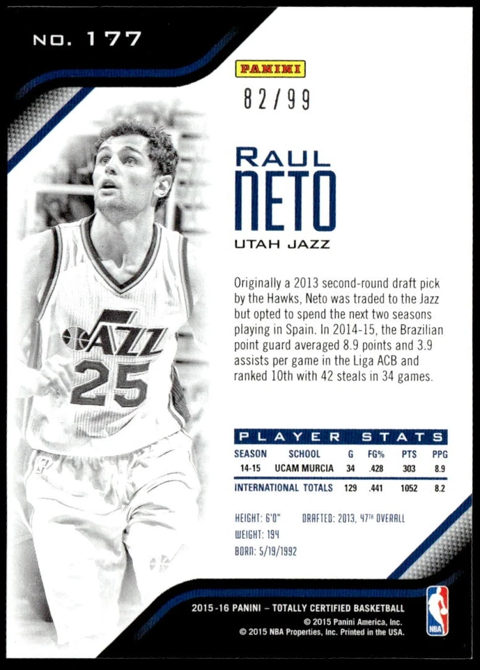 2015-16 Panini Totally Certified #177 Raul Neto Mirror Blue #/99 Rookie E1 - Image 2 of 2