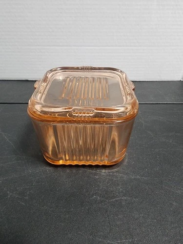 Federal Pink Depression Glass Square Ribbed Refrigerator Dish ~W/Lid 3.5”x4”