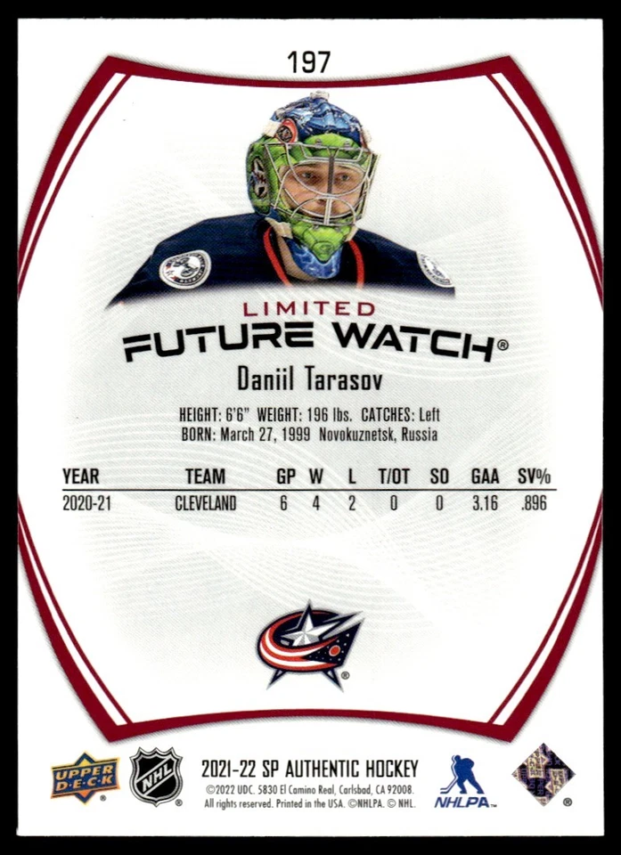 2021-22 SP Authentic Future Watch RED Daniil Tarasov Columbus Blue Jackets #197 - Image 2 of 2