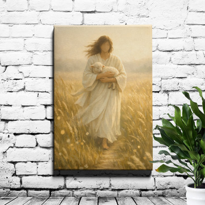 Shepherd carrying lamb Canvas Print misty meadow with golden backlight