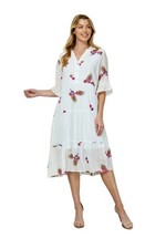 Fig And Flower Embroidered Pink Feather On White  Bohemian Midi Dress Size M