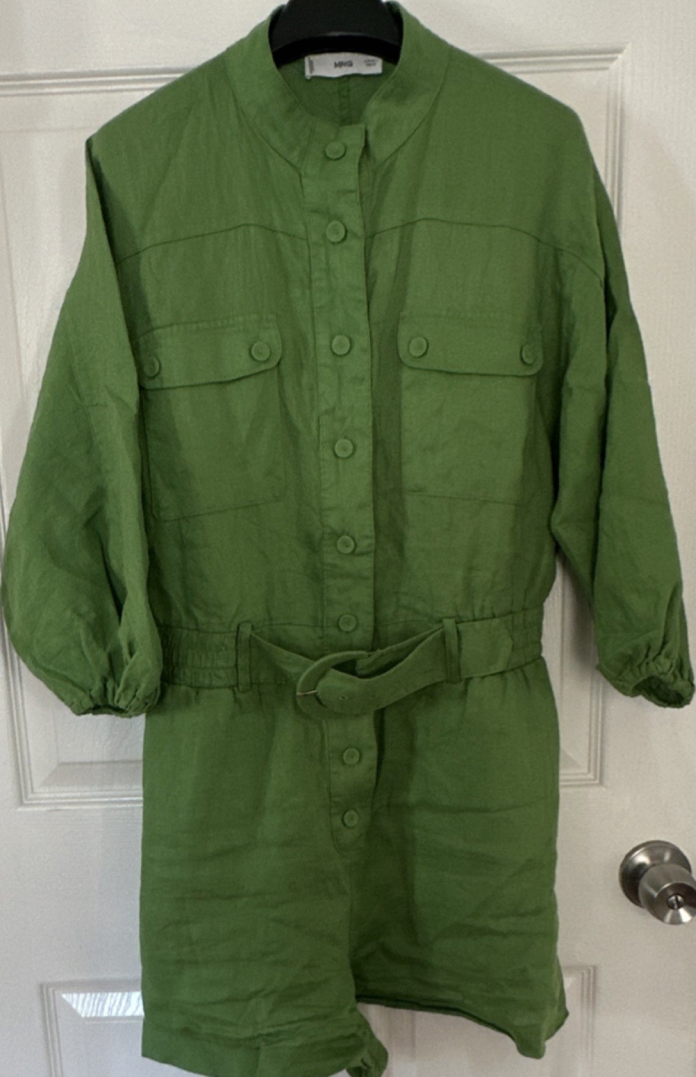 MNG Green Linen Blend Belted Button-Up Collared Long Sleeve Romper Size S