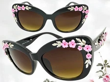 OVERSIZED Vintage Retro Style SUN GLASSES Large Black Frame Flower Floral Design